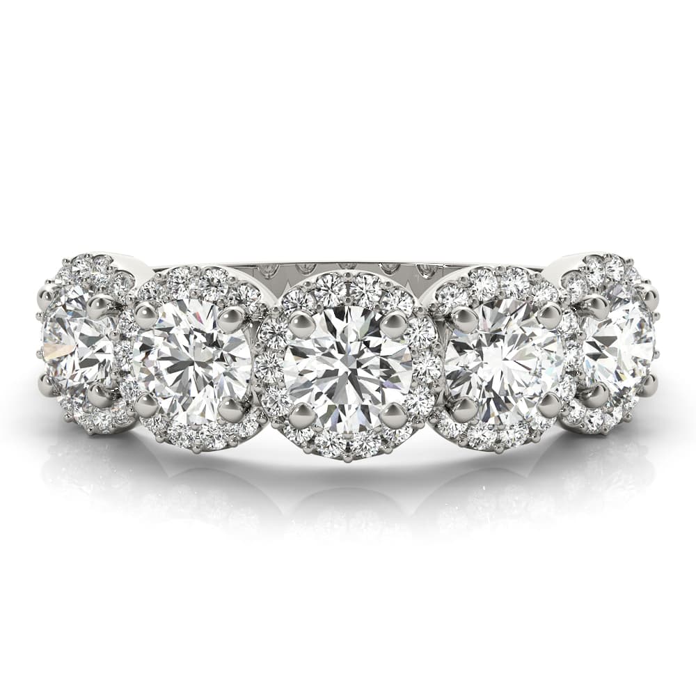5-Stone Round Halo Wedding Bands (1.54 ct. tw.), On hand view in white gold or platinum