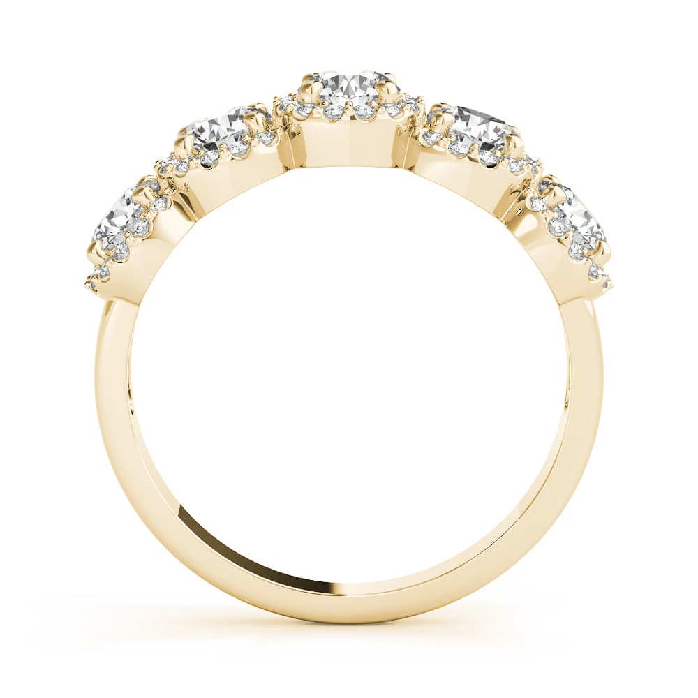 5-Stone Round Halo Wedding Bands (3/4 ct. tw.), Side view in yellow gold