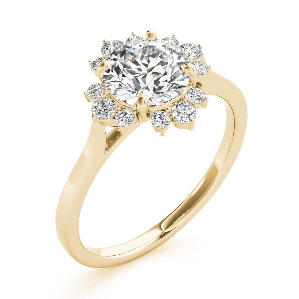 Round Scattered Halo Engagement Ring, style 85249, Angle view in yellow gold