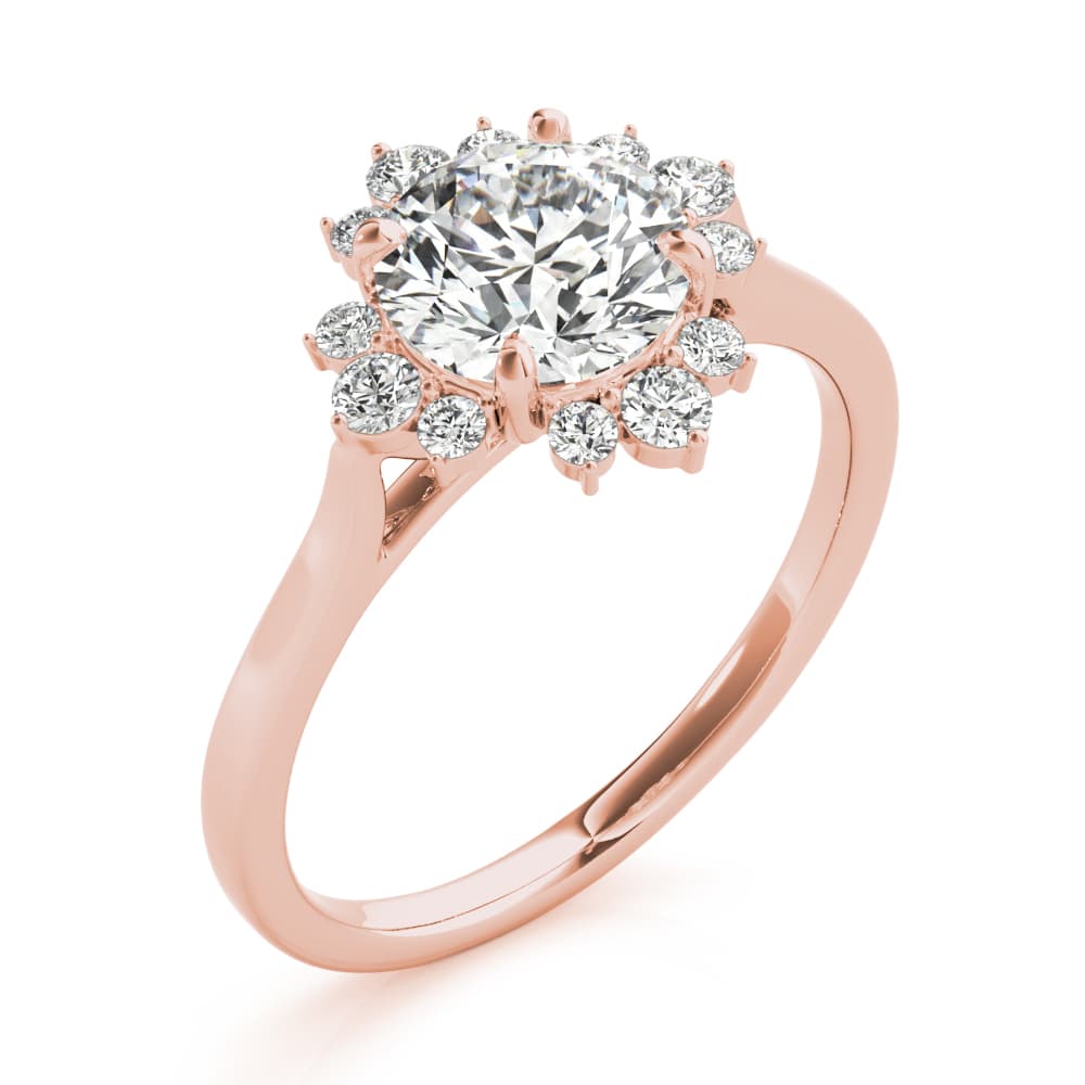 Round Scattered Halo Engagement Ring, style 85249, Angle view in rose gold