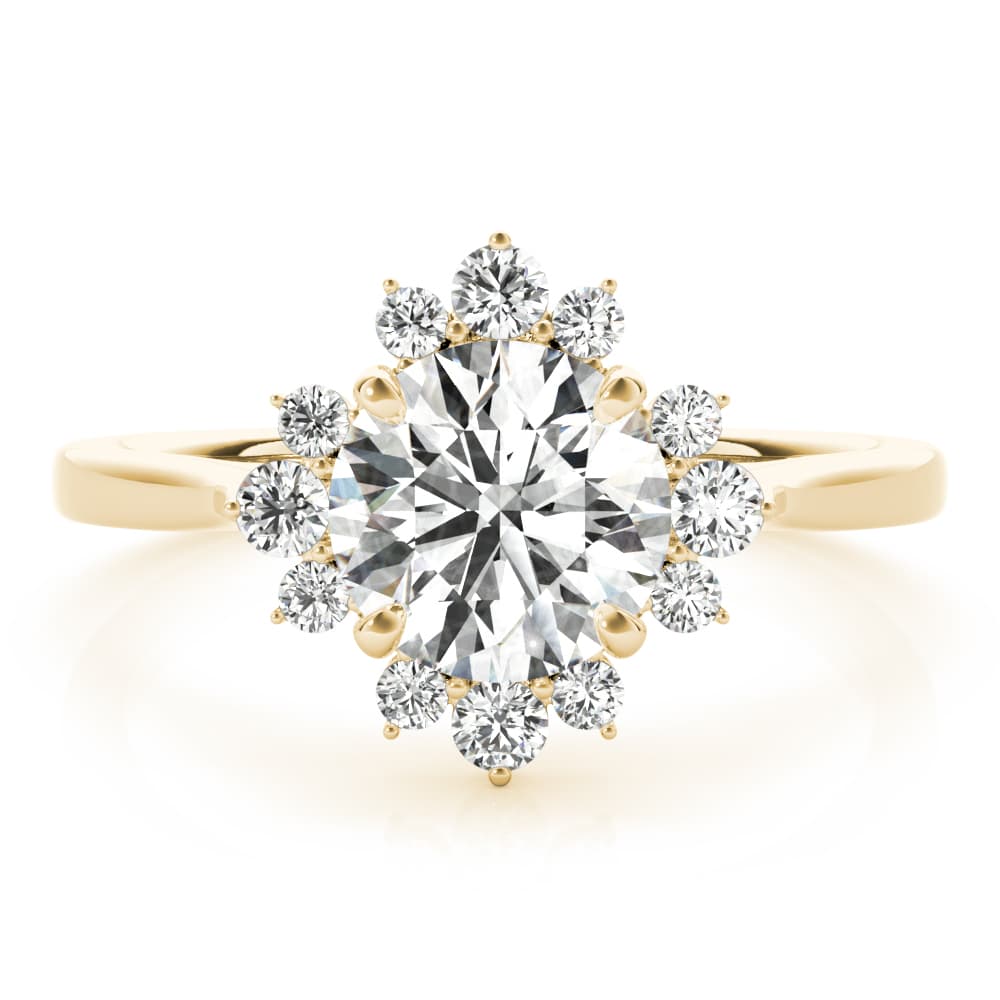 Round Scattered Halo Engagement Ring, style 85249, On hand view in yellow gold