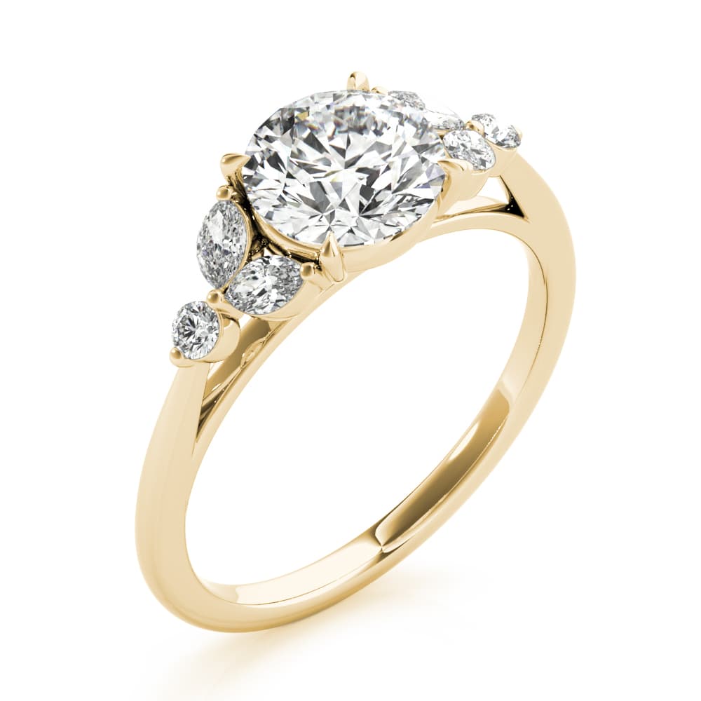Fancy Side Cluster Round Engagement Ring, style 85251, Angle view in yellow gold