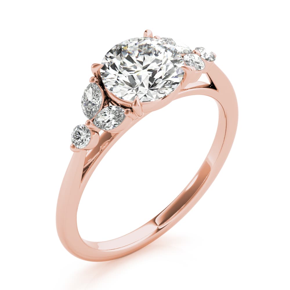 Fancy Side Cluster Round Engagement Ring, style 85251, Angle view in rose gold