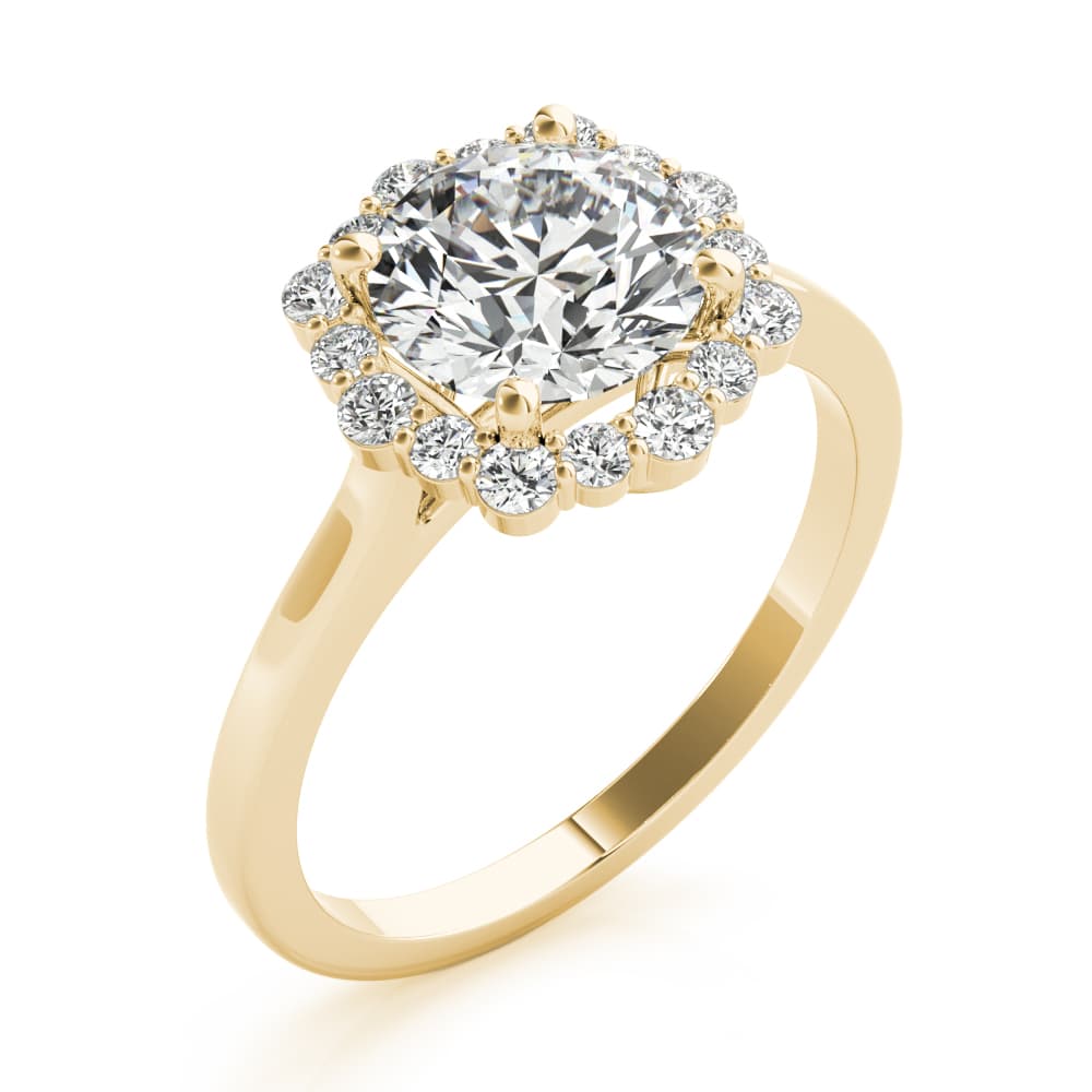 Solitaire Halo Prong Set Engagement Ring, style 85252, Angle view in yellow gold