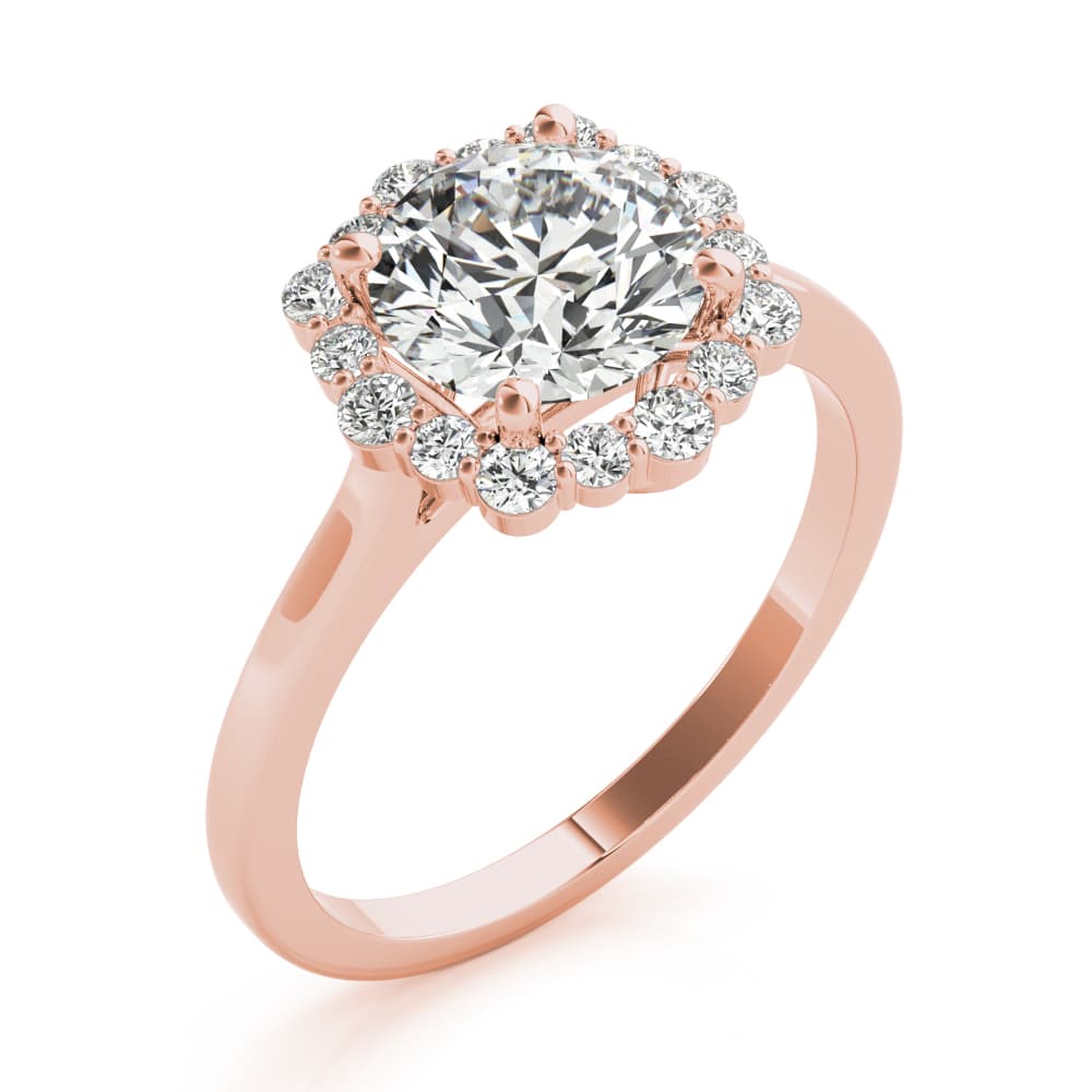 Solitaire Halo Prong Set Engagement Ring, style 85252, Angle view in rose gold