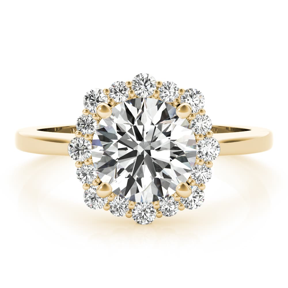 Solitaire Halo Prong Set Engagement Ring, style 85252, On hand view in yellow gold