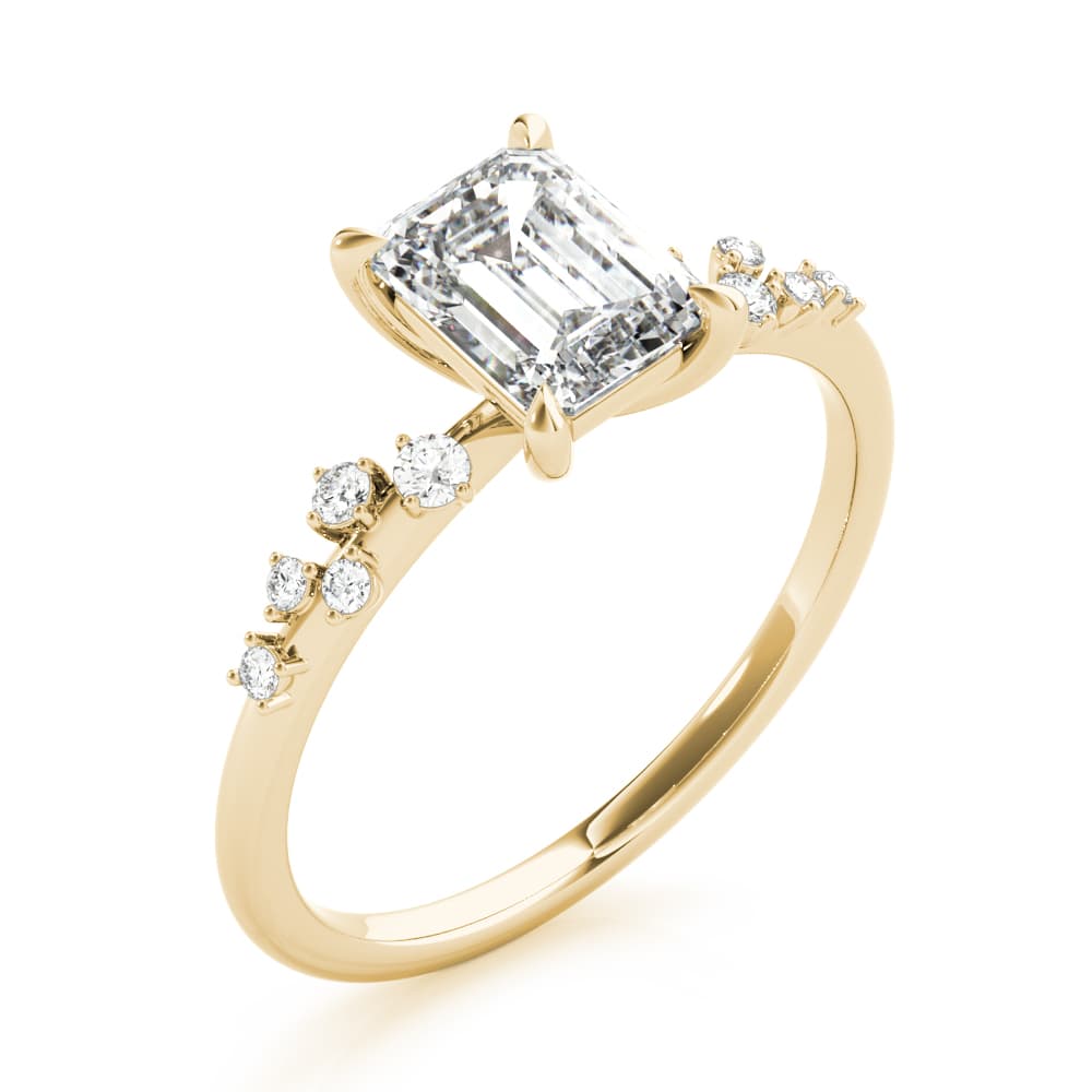 Emerald-Cut Scatter Engagement Ring, style 85257, Angle view in yellow gold