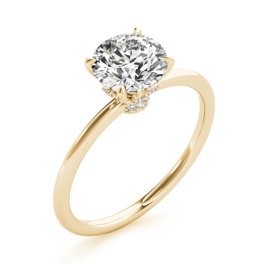Solitaire Hidden Halo Engagement Ring, style 85260, Angle view in yellow gold