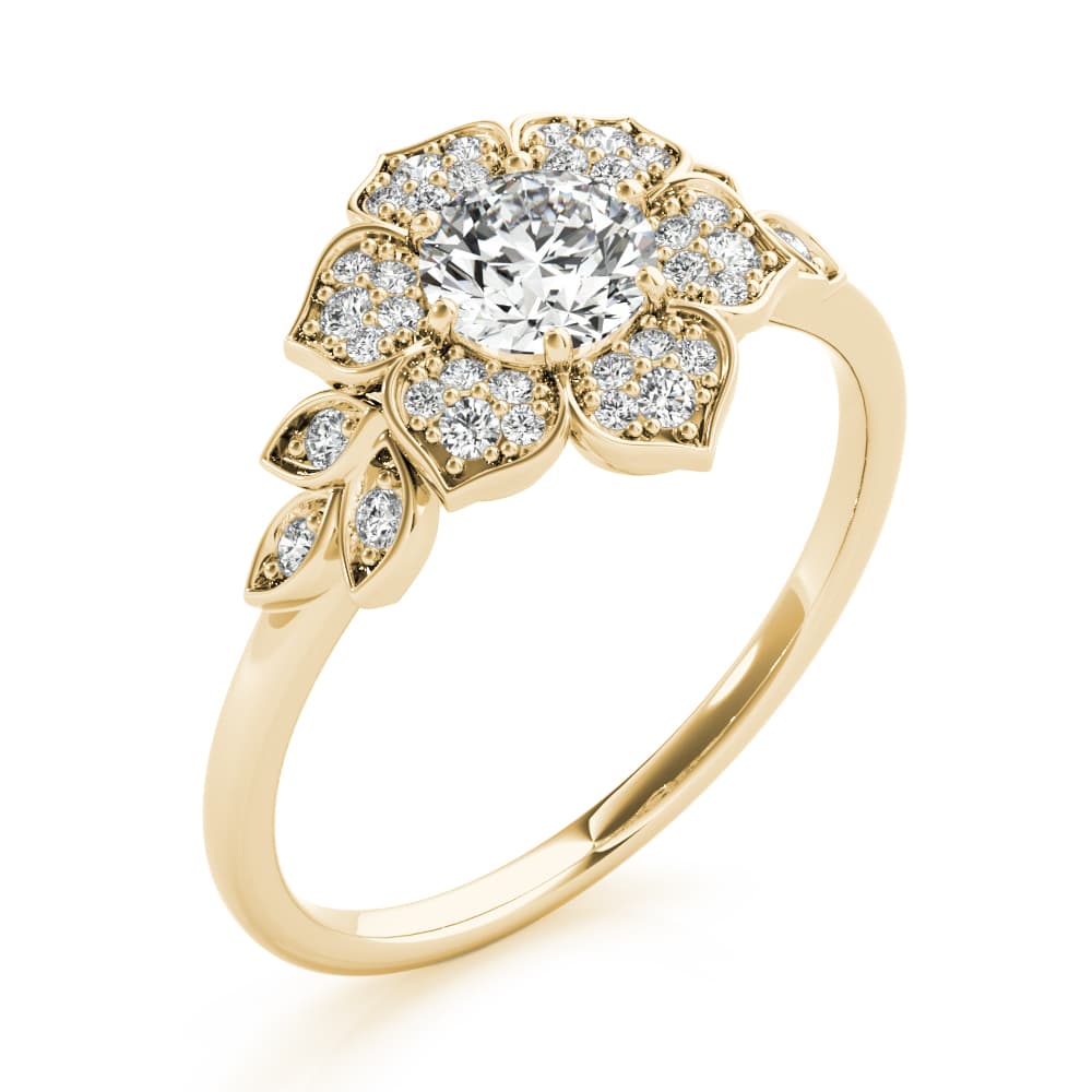 Floral Halo Engagement Ring, style 85270, Angle view in yellow gold