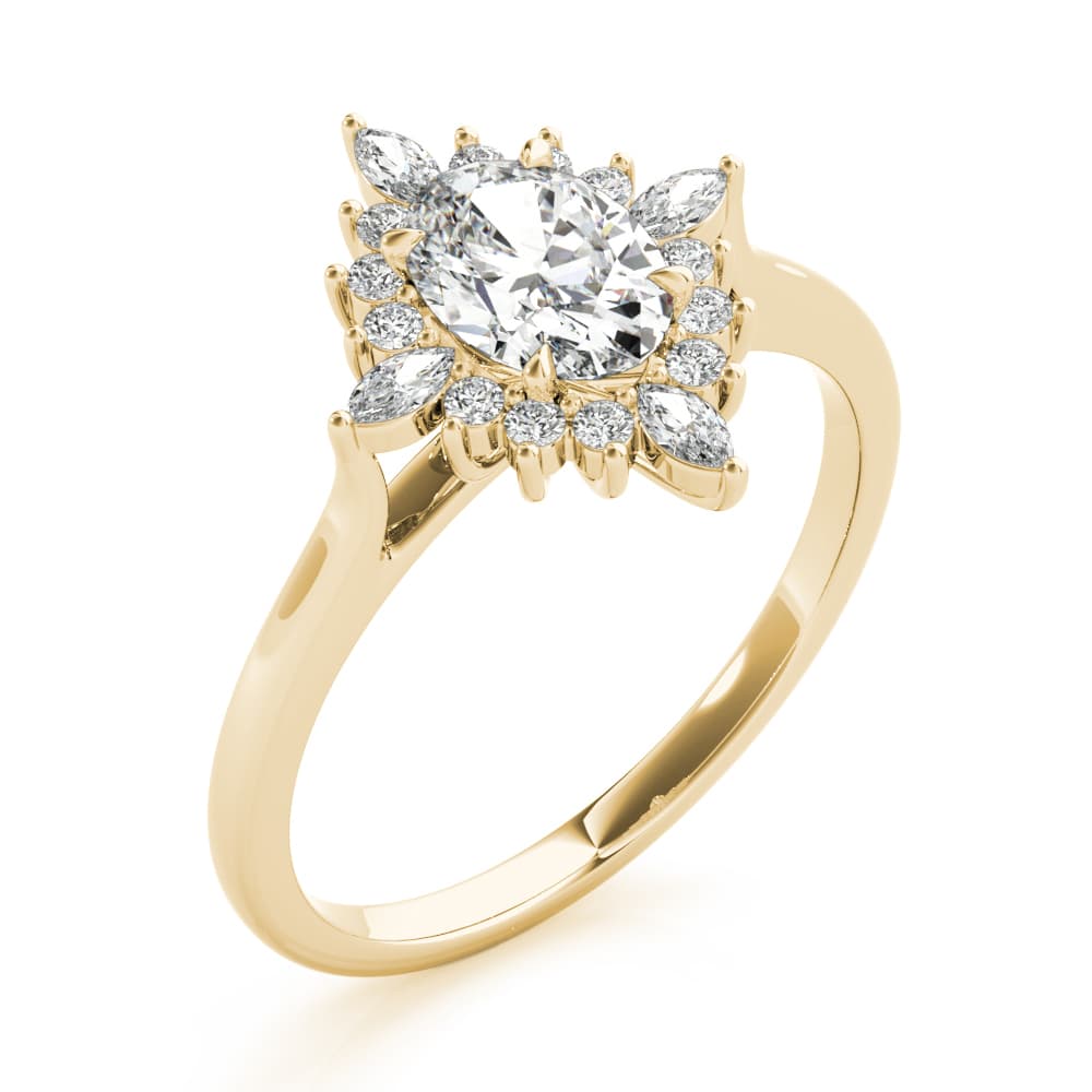 Oval-Cut Halo Engagement Ring, style 85273, Angle view in yellow gold
