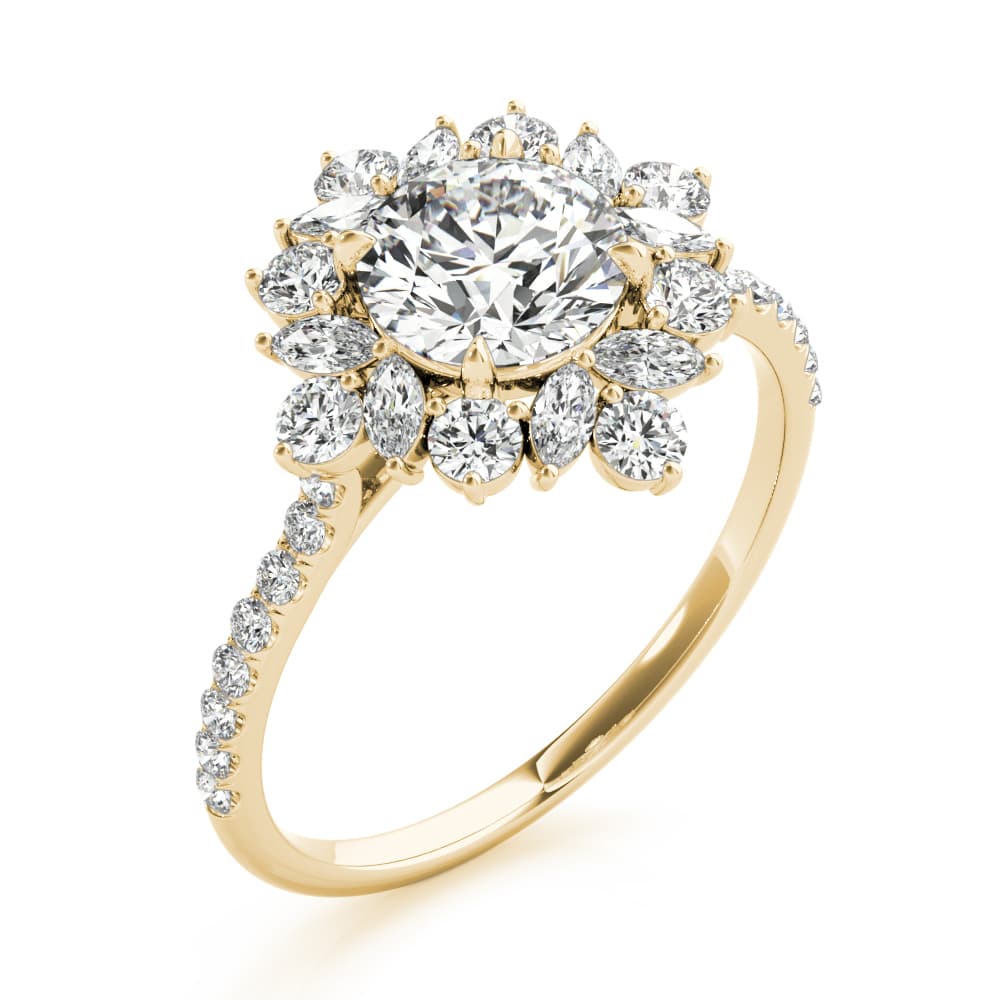 Mixed Shape Halo Round Engagement Ring, style 85274, Angle view in yellow gold