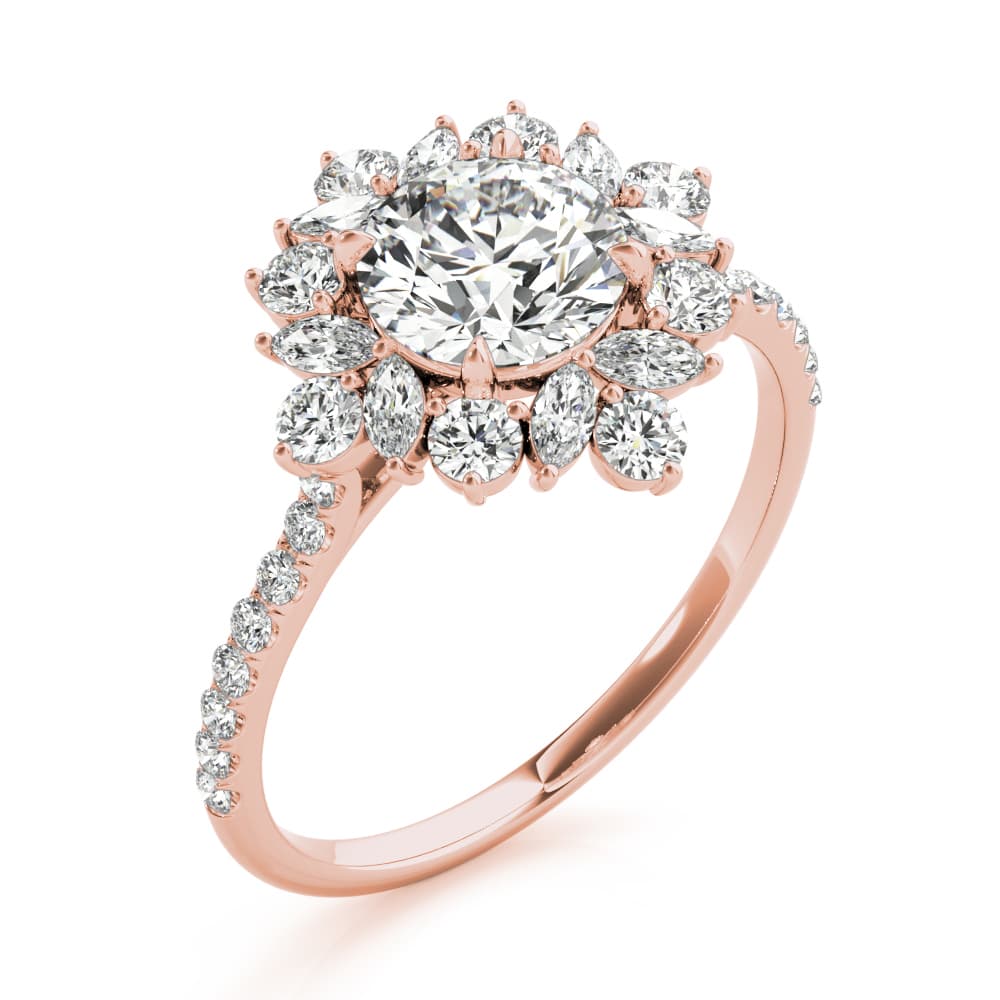 Mixed Shape Halo Round Engagement Ring, style 85274, Angle view in rose gold