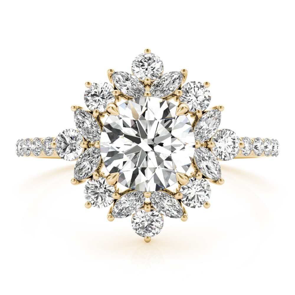 Mixed Shape Halo Round Engagement Ring, style 85274, On hand view in yellow gold