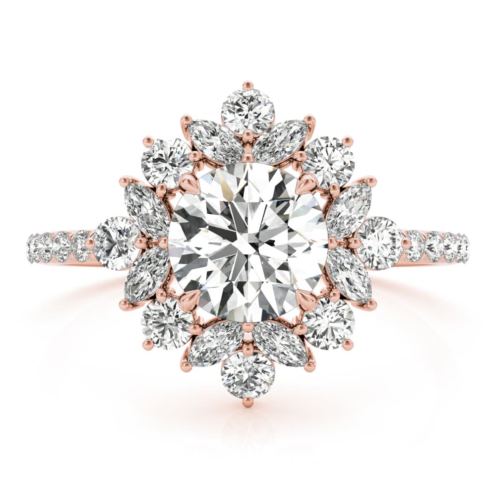Mixed Shape Halo Round Engagement Ring, style 85274, On hand view in rose gold