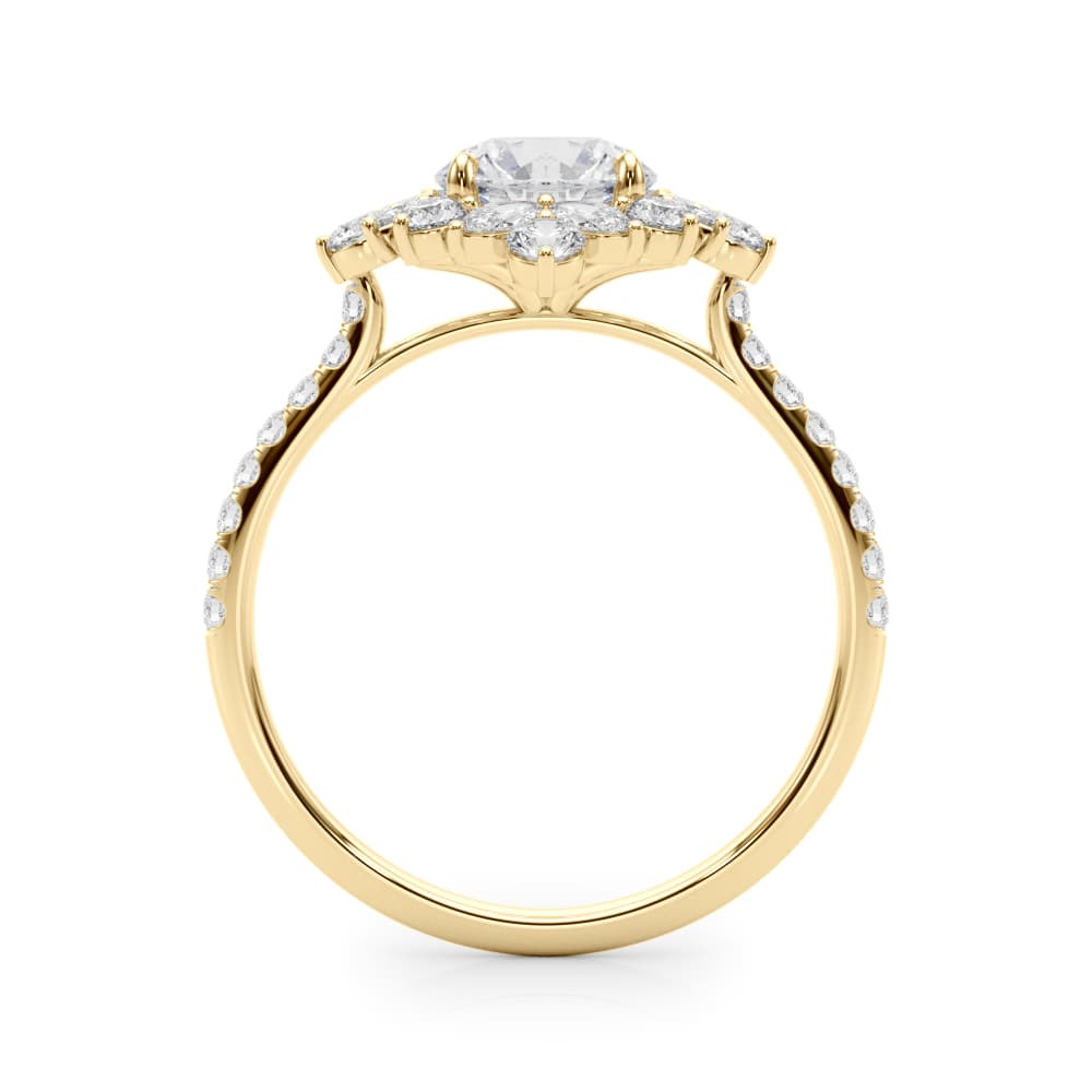 Mixed Shape Halo Round Engagement Ring, style 85274, Top view in yellow gold