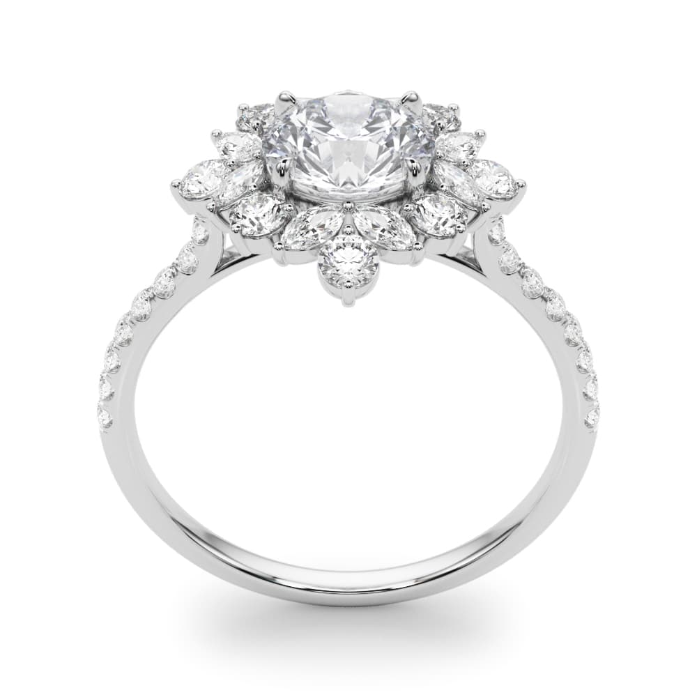 Mixed Shape Halo Round Engagement Ring, style 85274, Top view in white gold or platinum