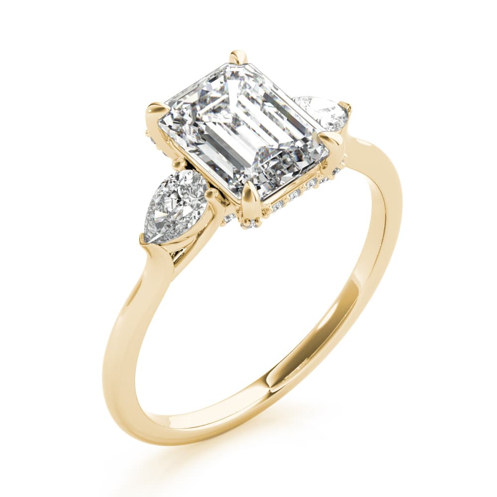 3-Stone Emerald Cut Engagement Ring, style 85279, Angle view in yellow gold