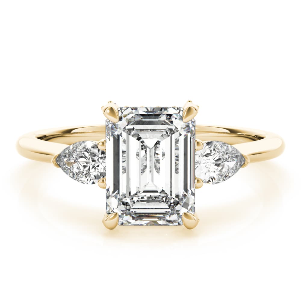 3-Stone Emerald Cut Engagement Ring, style 85279, On hand view in yellow gold