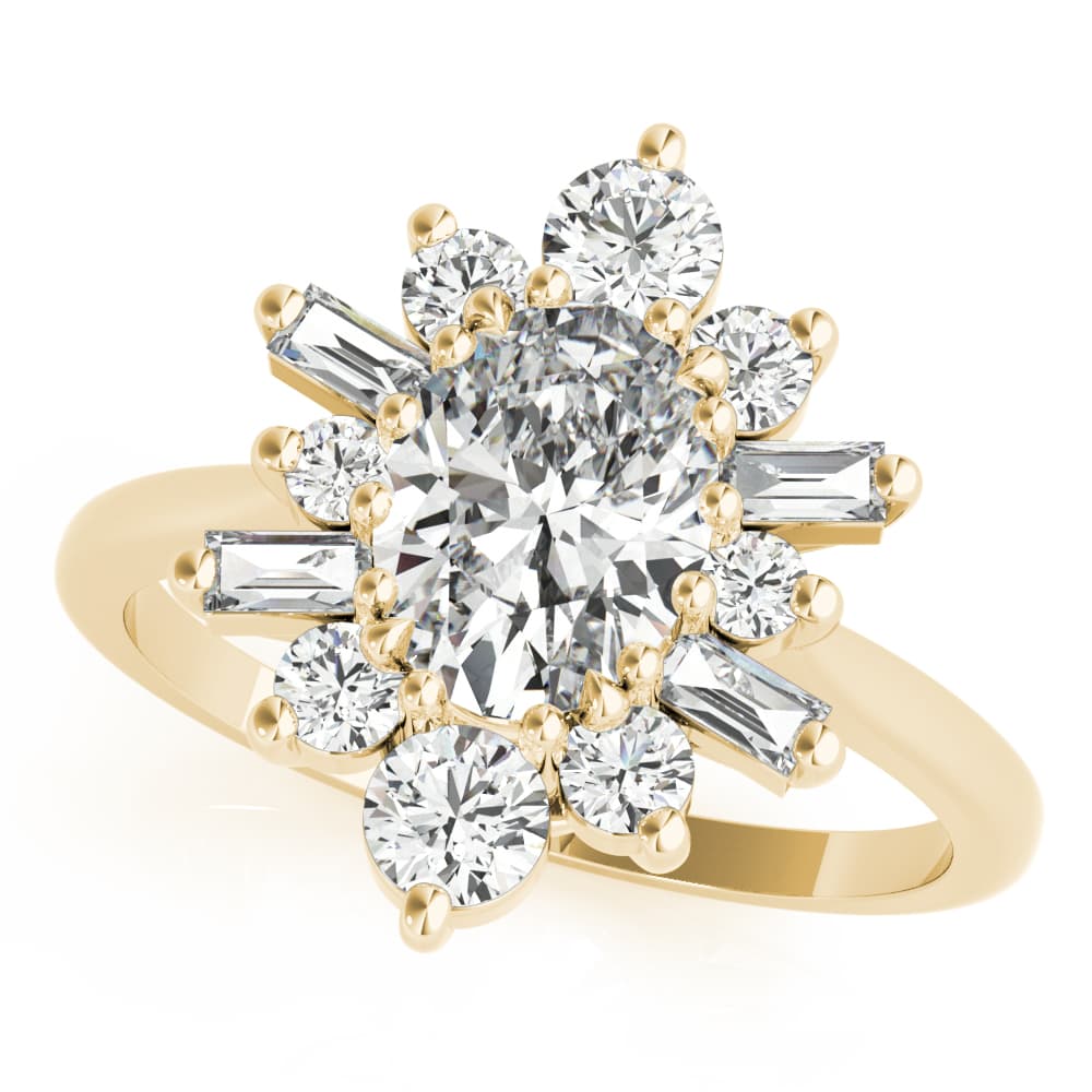 Oval with Round & Side Stone Halo Fashion Ring, style 85291, Front view in yellow gold