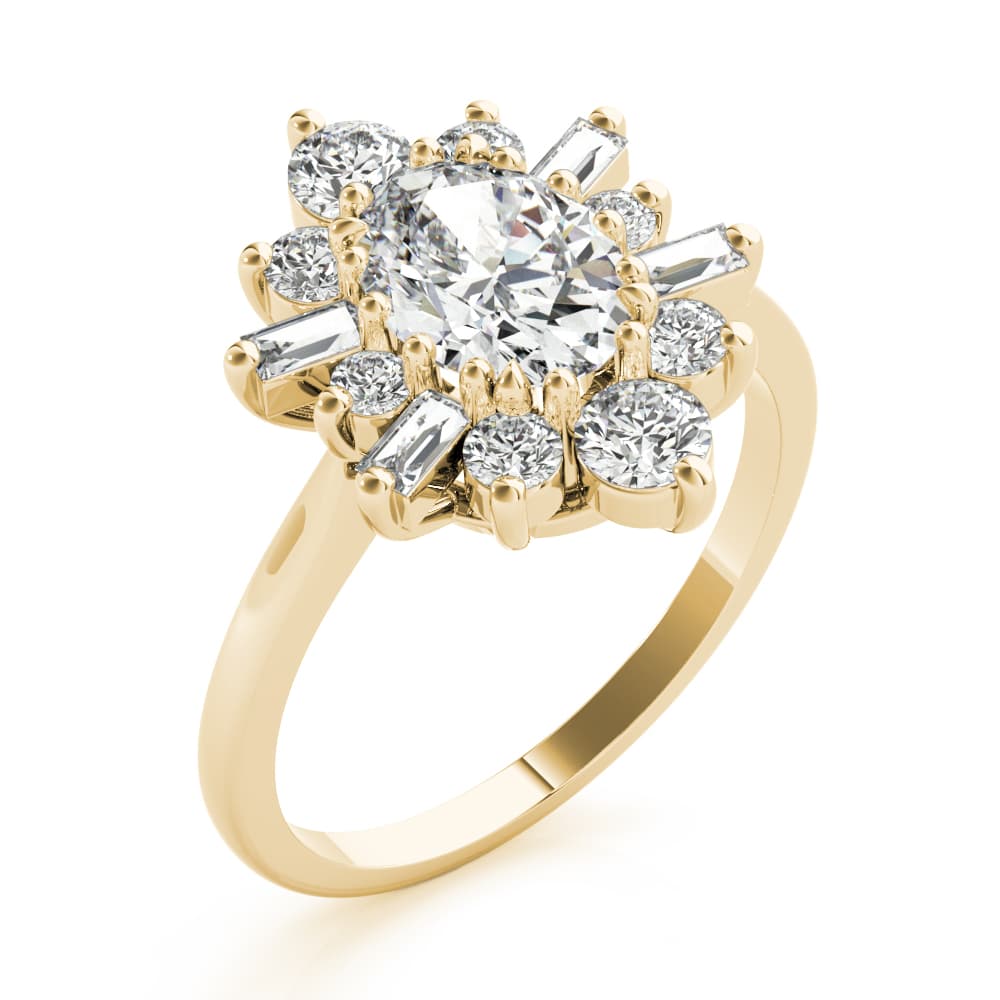 Oval with Round & Side Stone Halo Fashion Ring, style 85291, Angle view in yellow gold