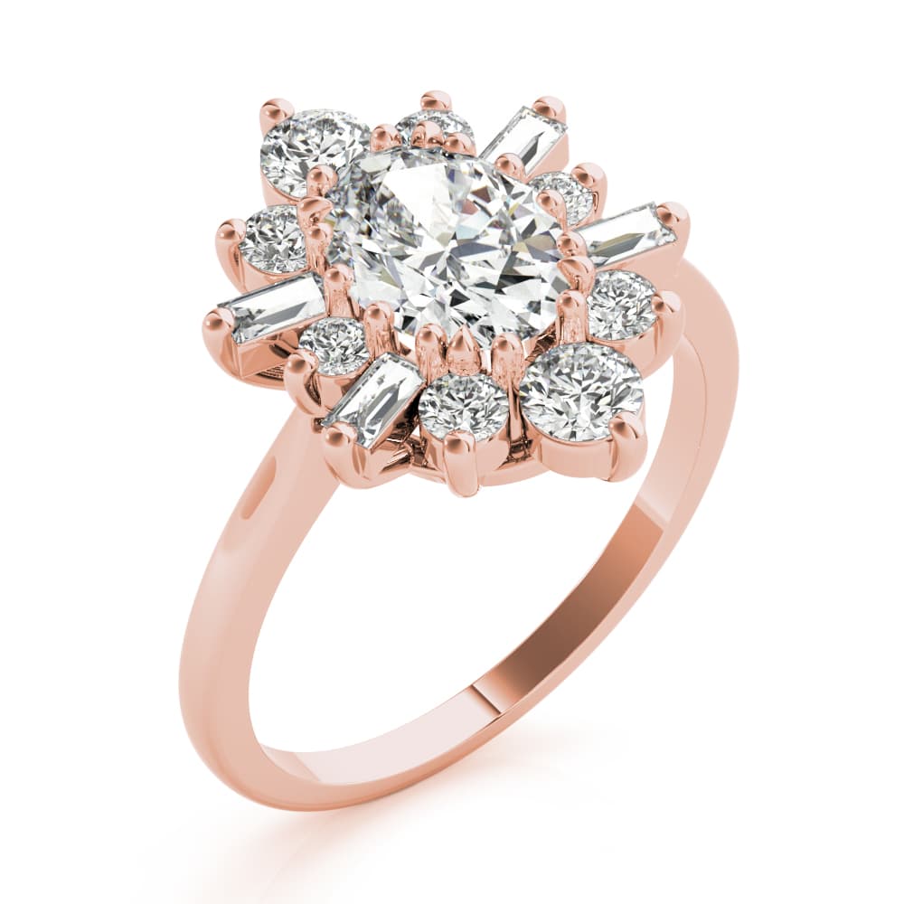 Oval with Round & Side Stone Halo Fashion Ring, style 85291, Angle view in rose gold
