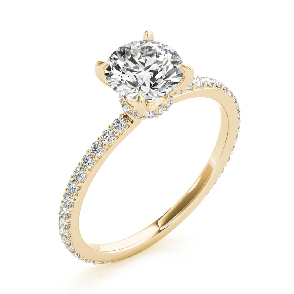 Round Hidden Halo Engagement Ring, style 85292, Angle view in yellow gold
