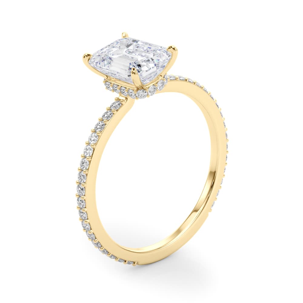 Emerald Cut Hidden Halo Engagement Ring, style 85294, Angle view in yellow gold