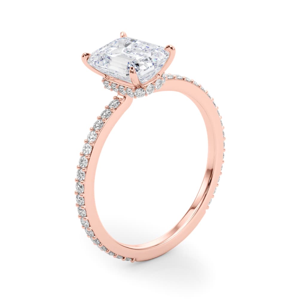 Emerald Cut Hidden Halo Engagement Ring, style 85294, Angle view in rose gold