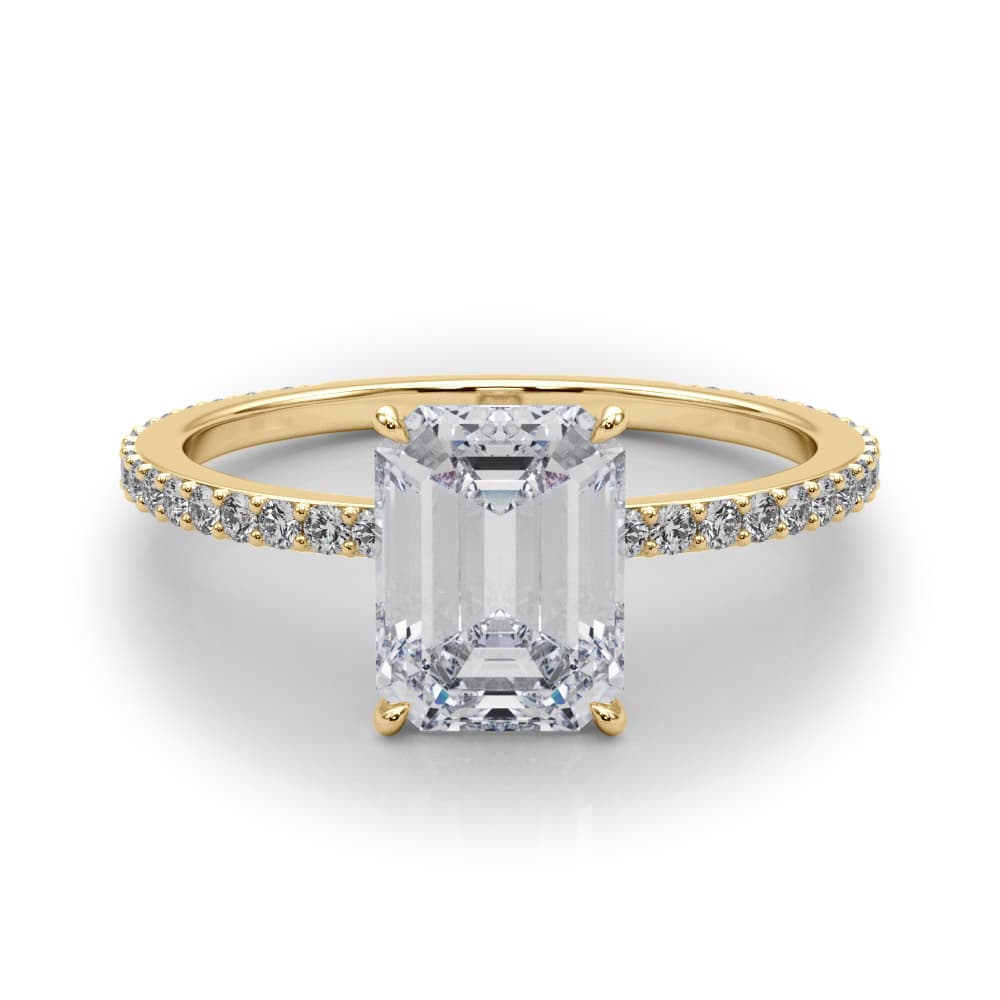 Emerald Cut Hidden Halo Engagement Ring, style 85294, On hand view in yellow gold