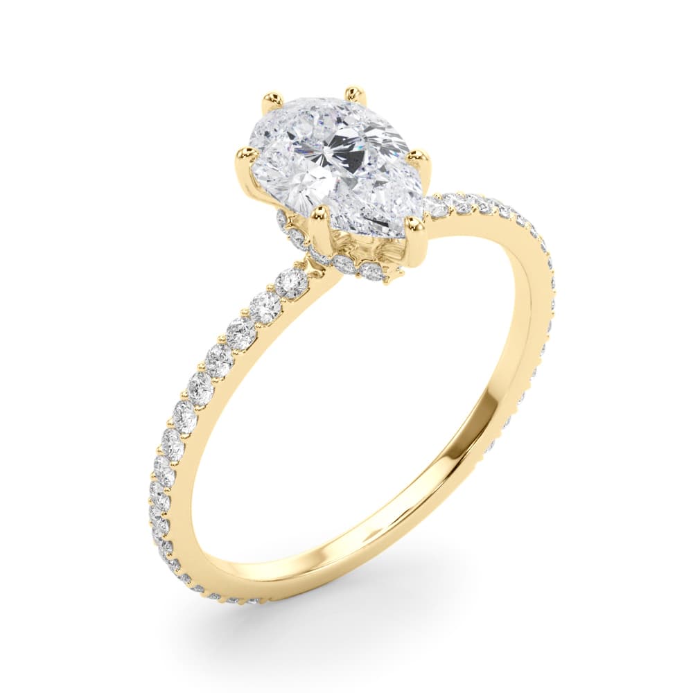 Hidden Halo Pear Engagement Ring, style 85296, Angle view in yellow gold