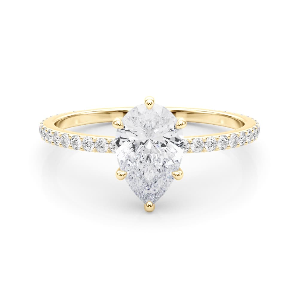 Hidden Halo Pear Engagement Ring, style 85296, On hand view in yellow gold