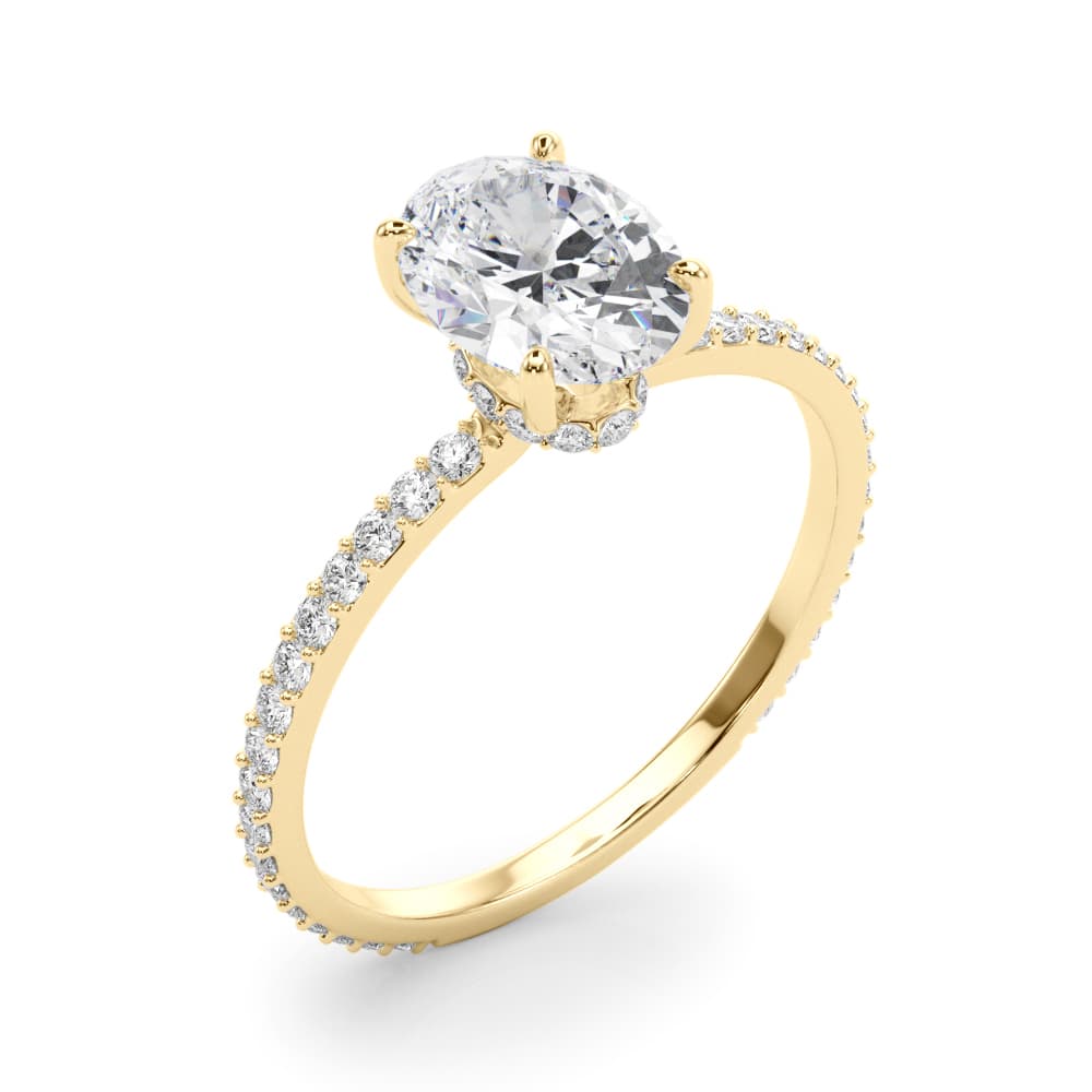 Oval Hidden Halo Engagement Ring, style 85297, Angle view in yellow gold