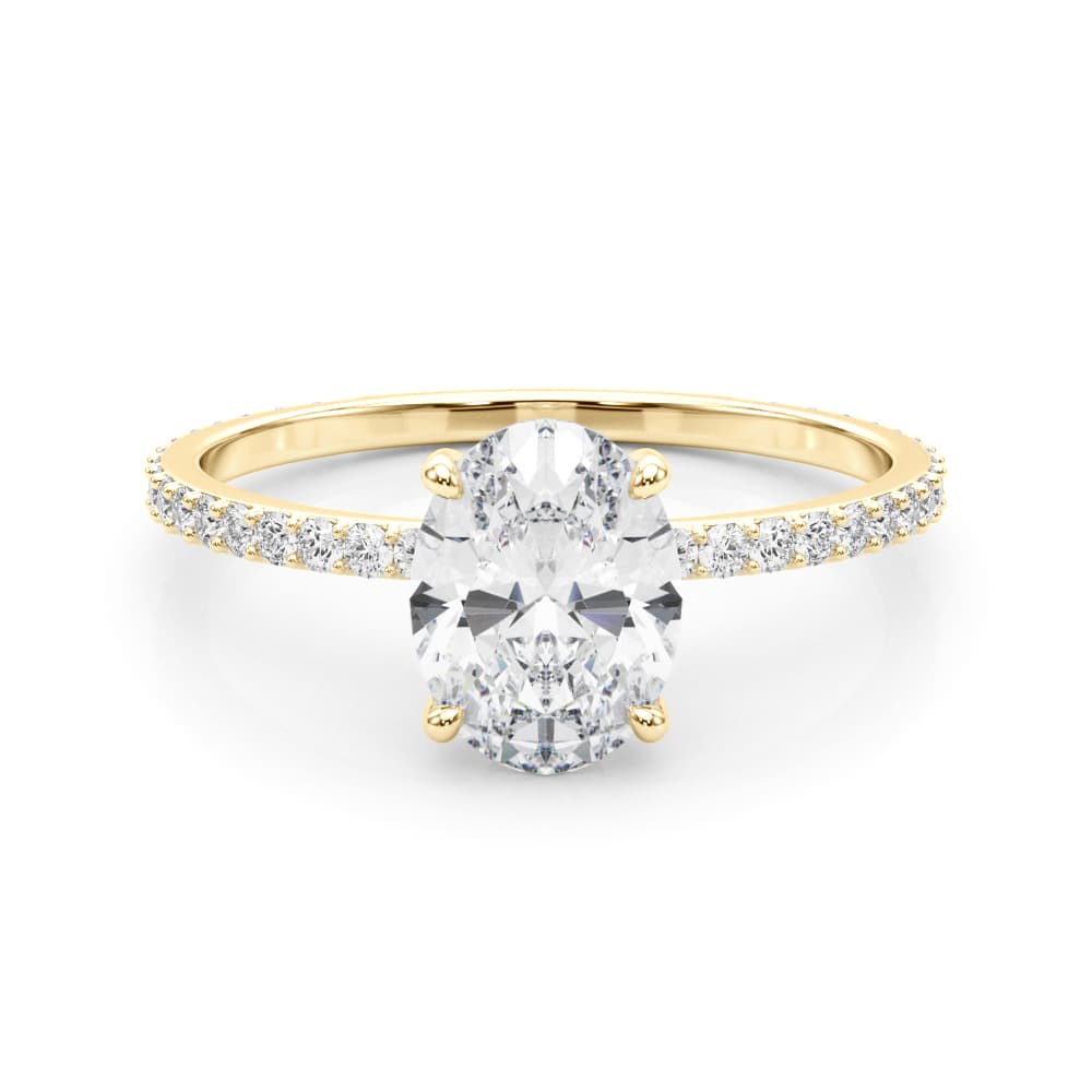 Oval Hidden Halo Engagement Ring, style 85297, On hand view in yellow gold