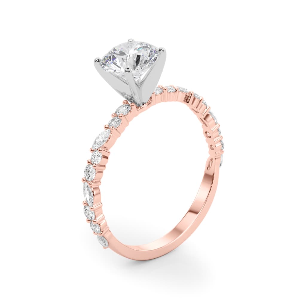Shared Prong Engagement Ring, style 85298, Angle view in rose gold