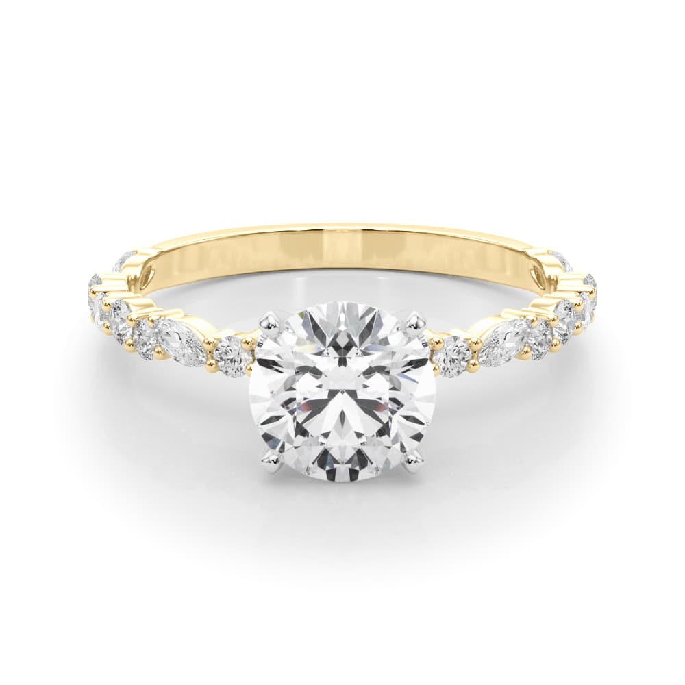 Shared Prong Engagement Ring, style 85298, On hand view in yellow gold