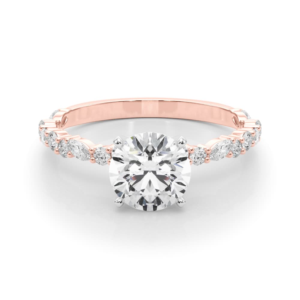 Shared Prong Engagement Ring, style 85298, On hand view in rose gold