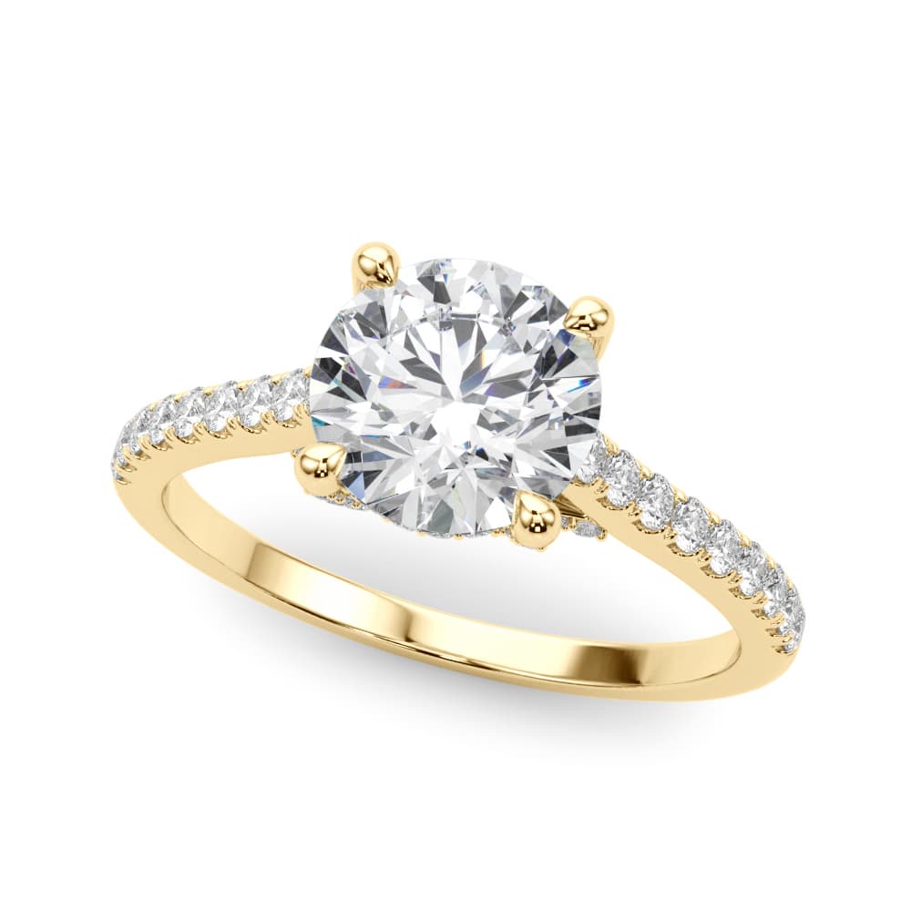 Single Row Prong Hidden Halo Engagement Ring, style 85303, Front view in yellow gold