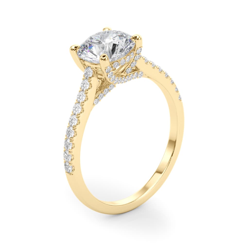 Single Row Prong Hidden Halo Engagement Ring, style 85303, Angle view in yellow gold