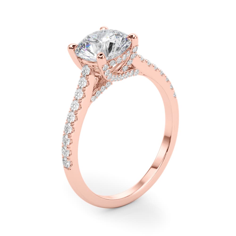 Single Row Prong Hidden Halo Engagement Ring, style 85303, Angle view in rose gold