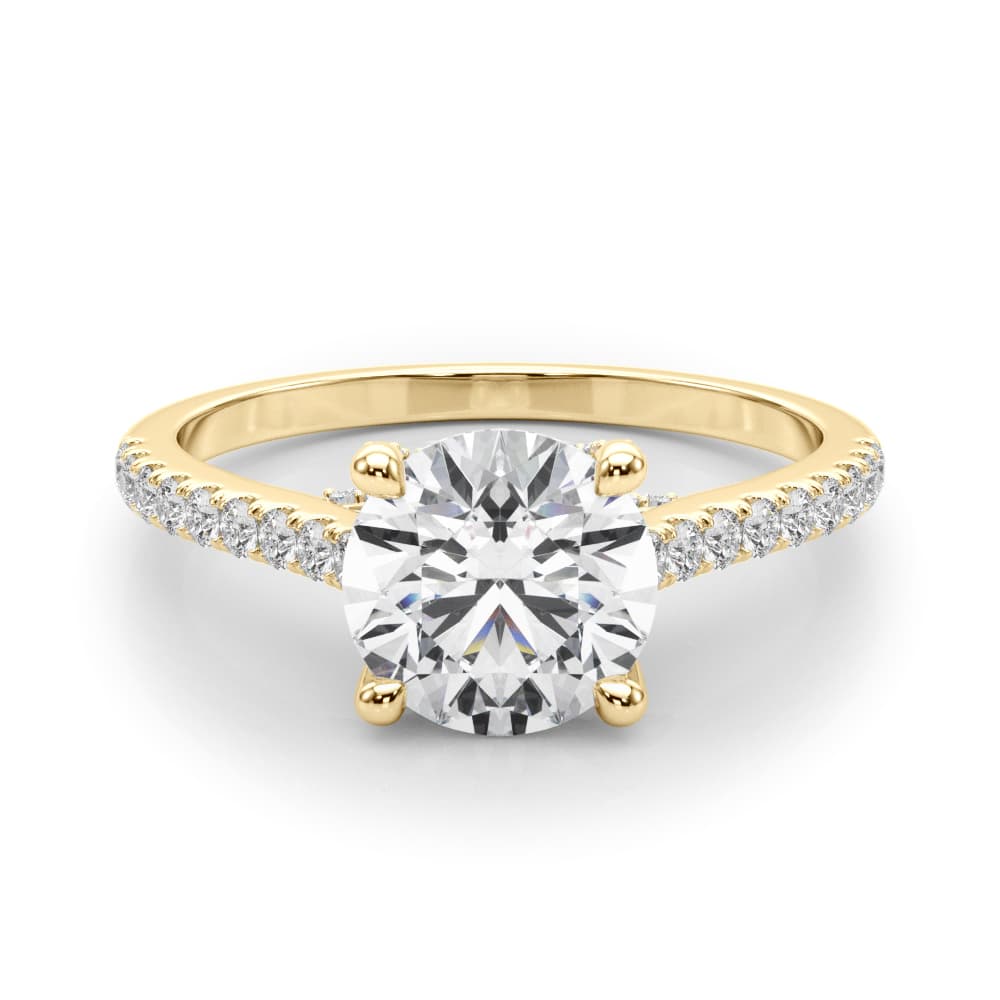 Single Row Prong Hidden Halo Engagement Ring, style 85303, On hand view in yellow gold
