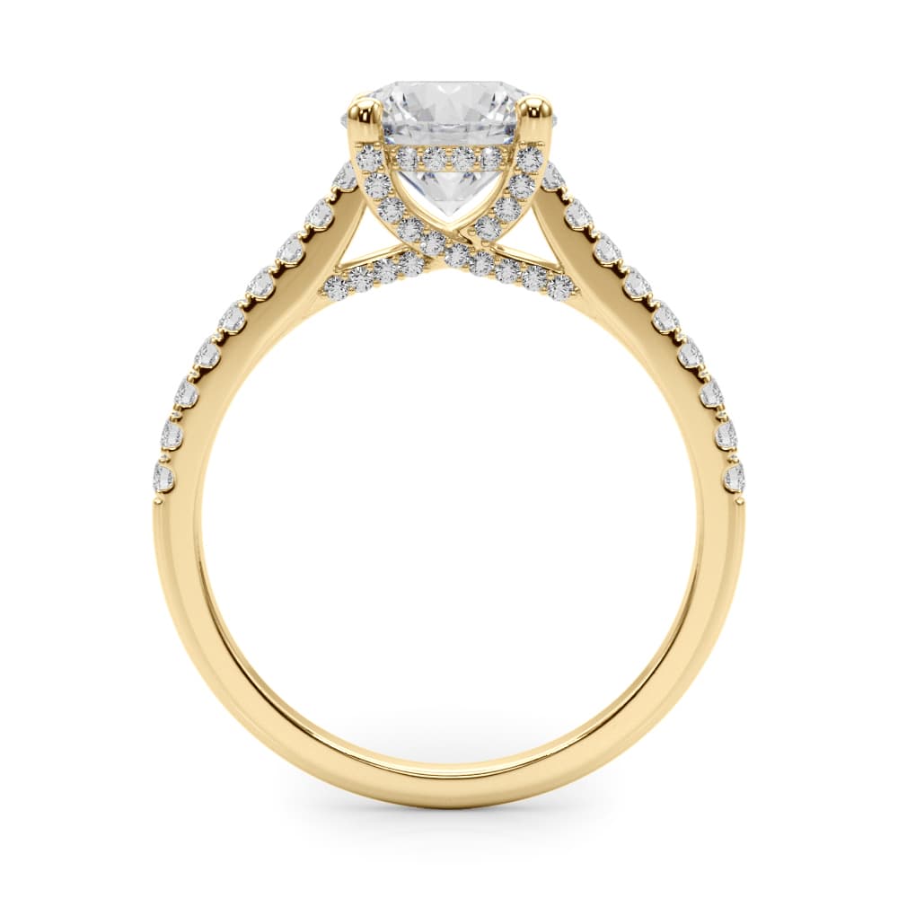 Single Row Prong Hidden Halo Engagement Ring, style 85303, Side view in yellow gold