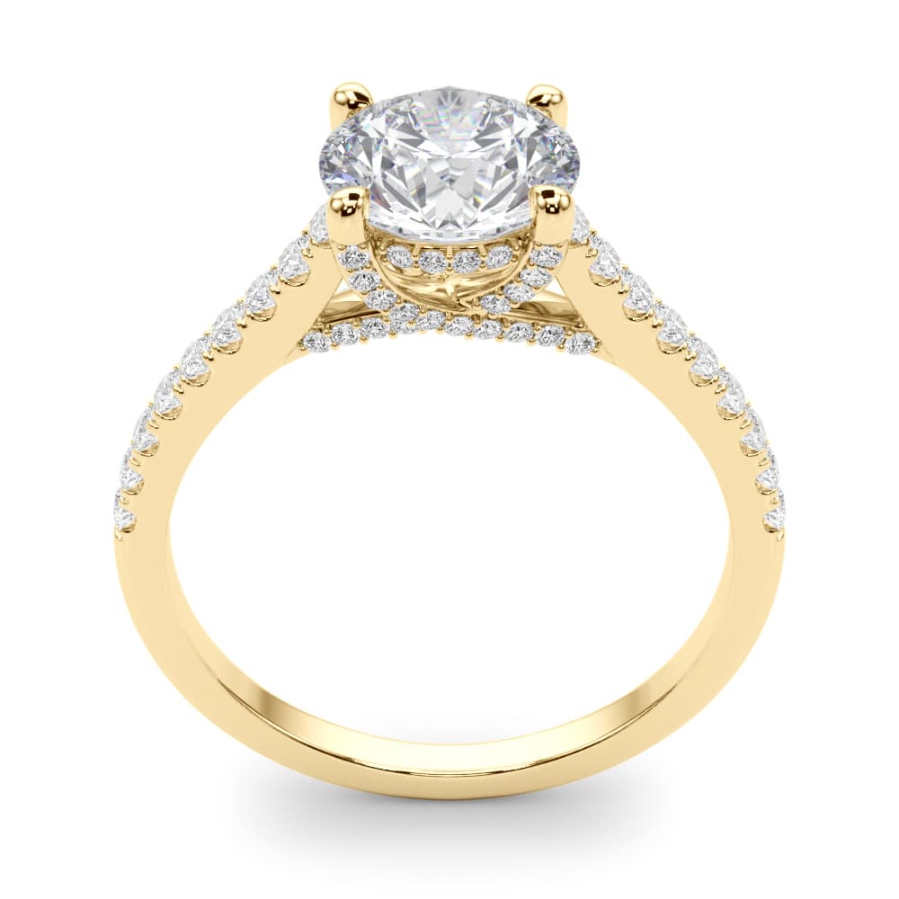 Single Row Prong Hidden Halo Engagement Ring, style 85303, Top view in yellow gold