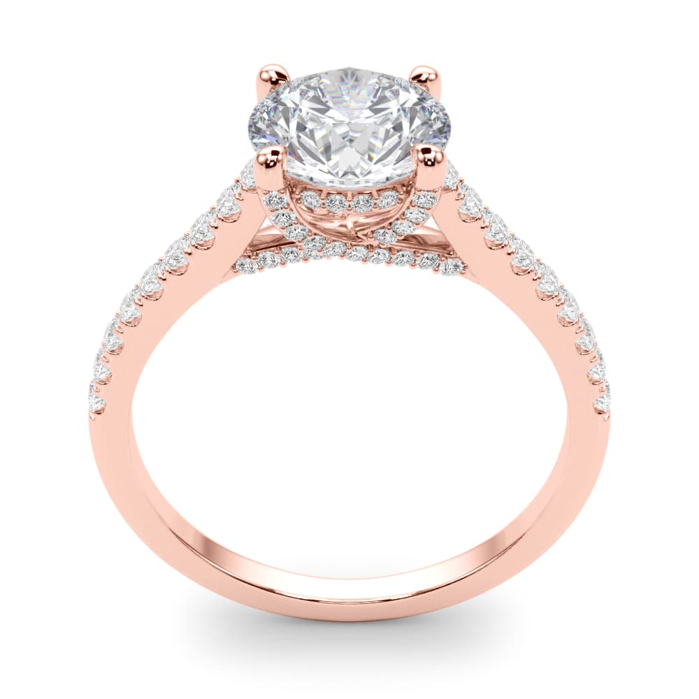 Single Row Prong Hidden Halo Engagement Ring, style 85303, Top view in rose gold