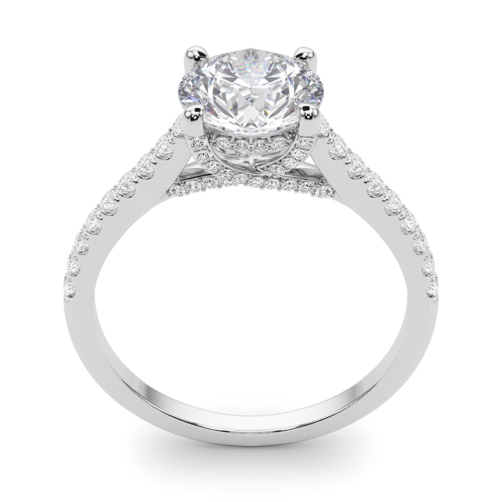 Single Row Prong Hidden Halo Engagement Ring, style 85303, Top view in white gold or platinum