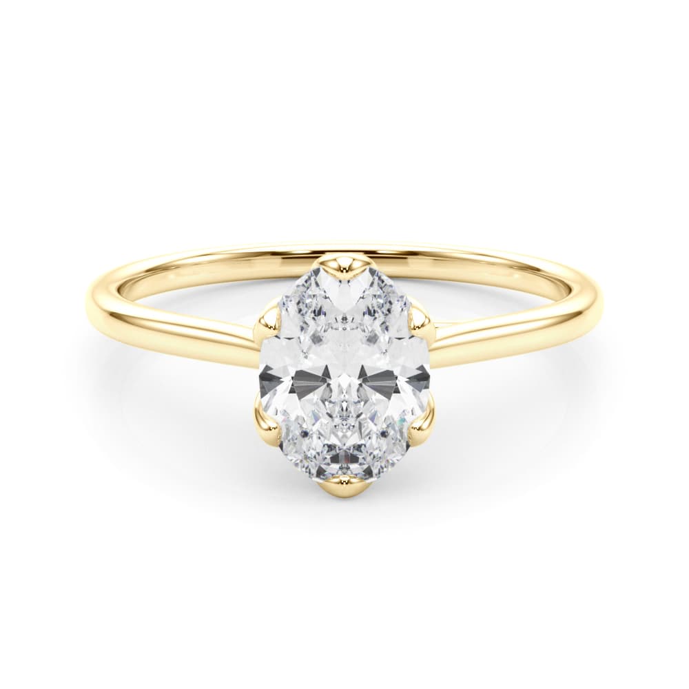 Oval Tulip Solitaire Engagement Ring, style 85305, On hand view in yellow gold