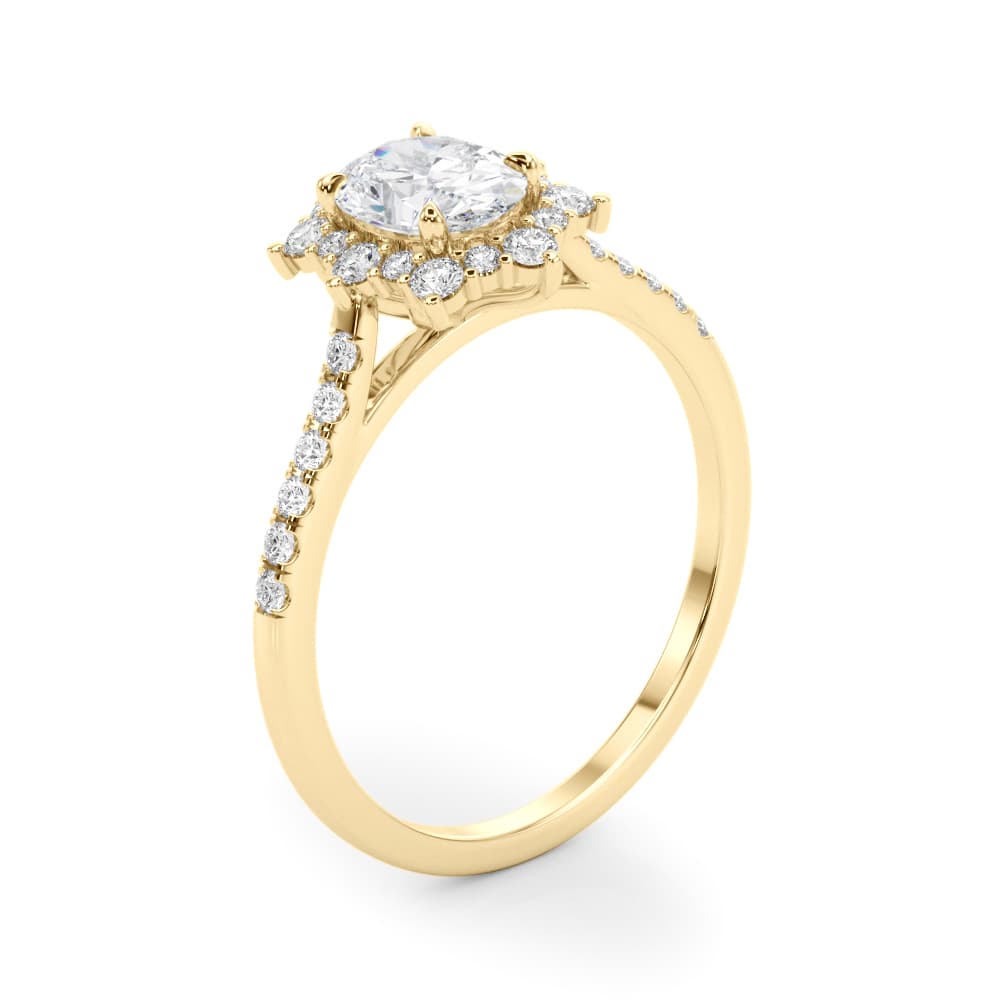 Vintage Inspired Oval Halo Engagement Ring, style 85306, Angle view in yellow gold