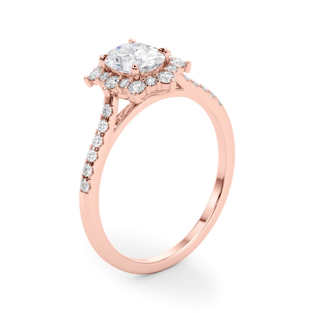 Vintage Inspired Oval Halo Engagement Ring, style 85306, Angle view in rose gold
