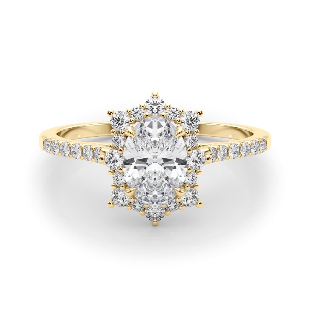 Vintage Inspired Oval Halo Engagement Ring, style 85306, On hand view in yellow gold