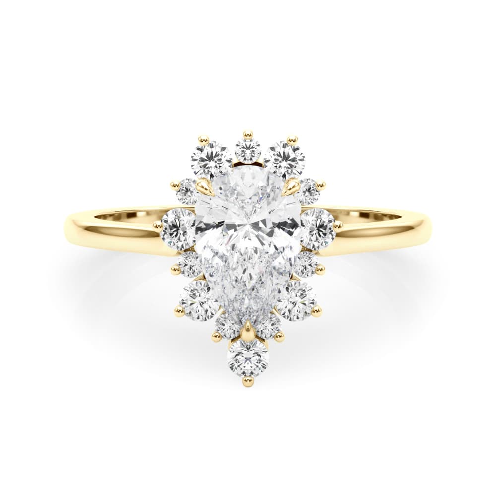 Pear Solitaire Halo Engagement Ring, style 85308, On hand view in yellow gold