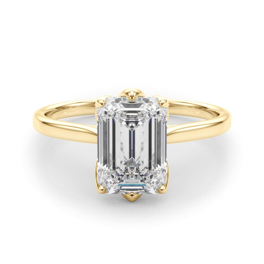 6-Prong Emerald Cut Floral Engagement Ring, style 85310, On hand view in yellow gold